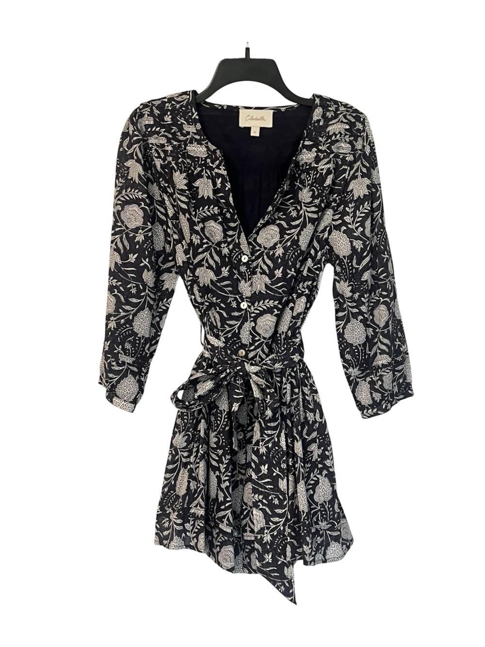 Cleobella Black Ivory Floral Boho Wrap Midi Dress Long Sleeve Tie Waist size M
